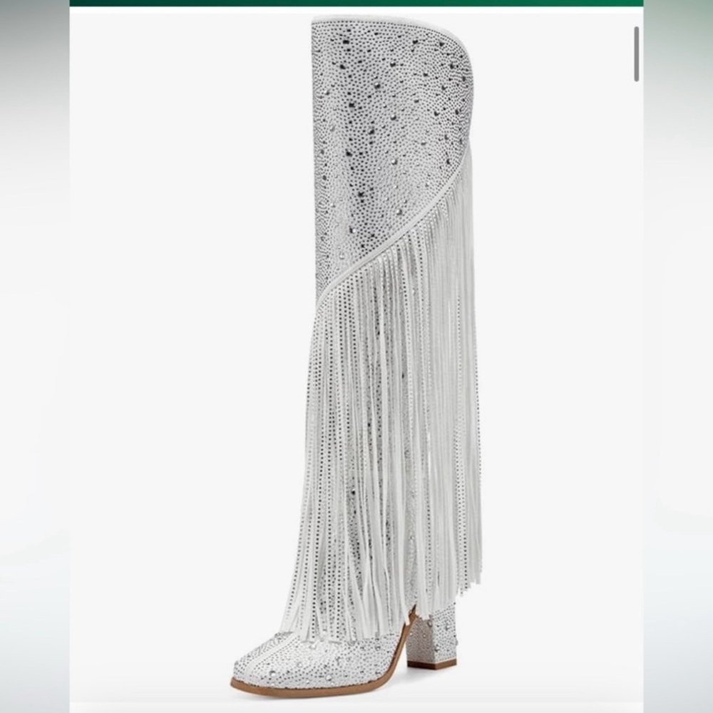 White Fringe Knee-High Boots